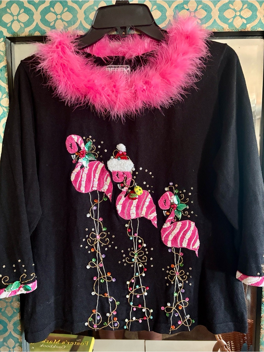 VTG 90s sweater Berek Christmas Flamingo pink fur trim beaded, back design rare